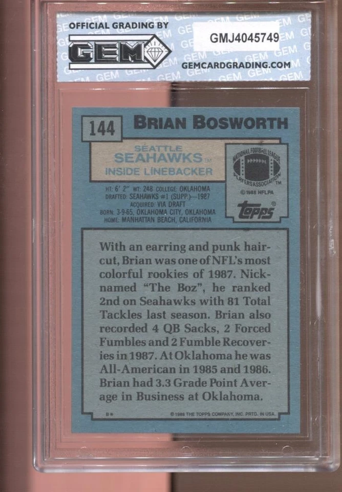 1988 Brain Bosworth Topps #144 Gem Mint 10 RC Rookie Seattle Seahawks - Image 2 of 2