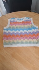 Women’s Multicolour Crochet Open-Knit Striped Crew Neck Jumper Vest M Regular