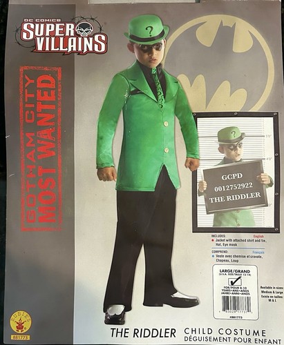 ~DC Comics Super Villains Child RIDDLER Costume~Jacket, Hat, Mask~LG 12 ...