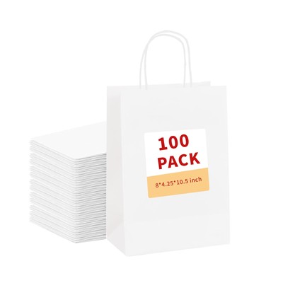 100 Pcs White Gift Bags with Handles Paper Bags with