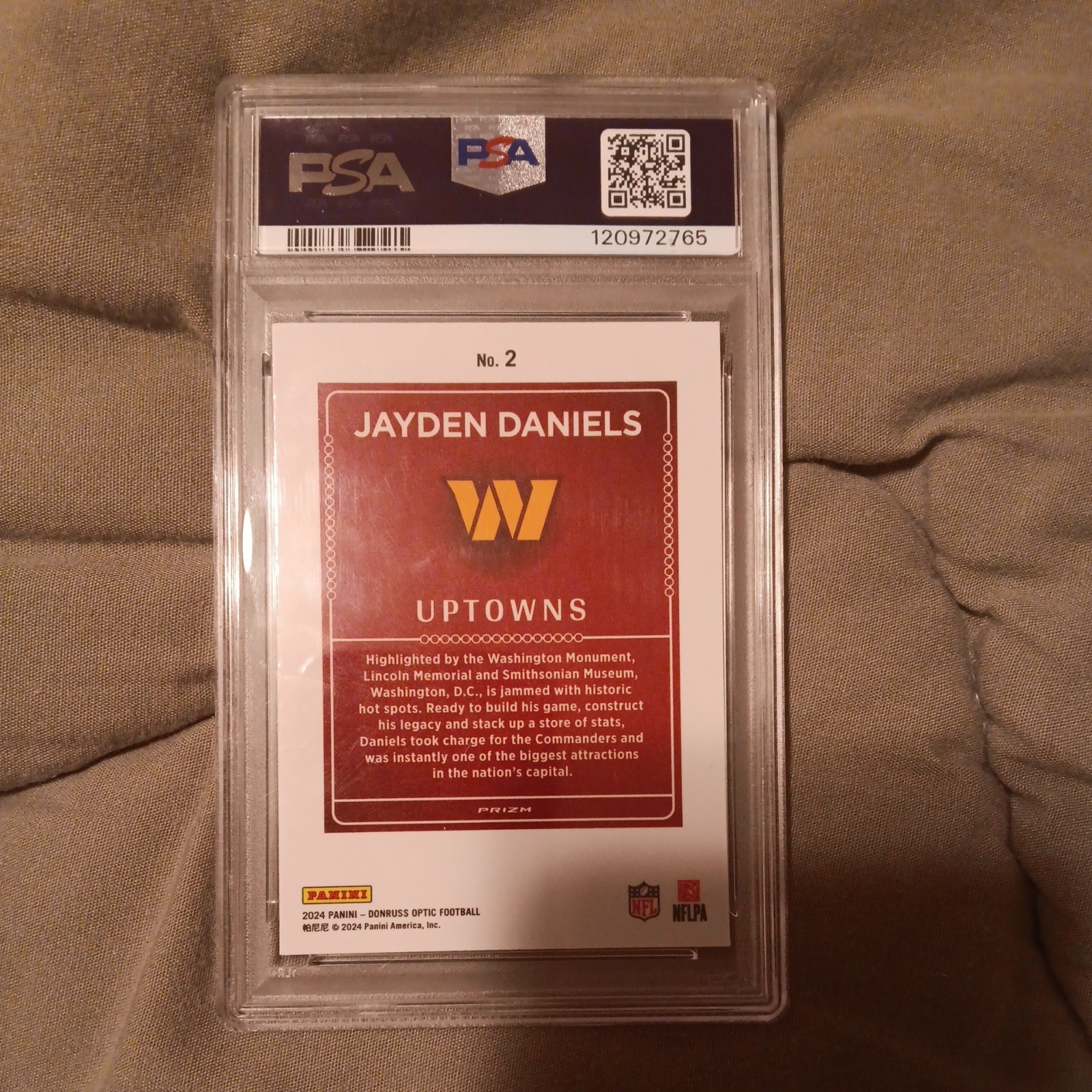 2024 Panini Donruss Optic Uptowns Jayden Daniels #2 RC Commanders PSA 9 view 3