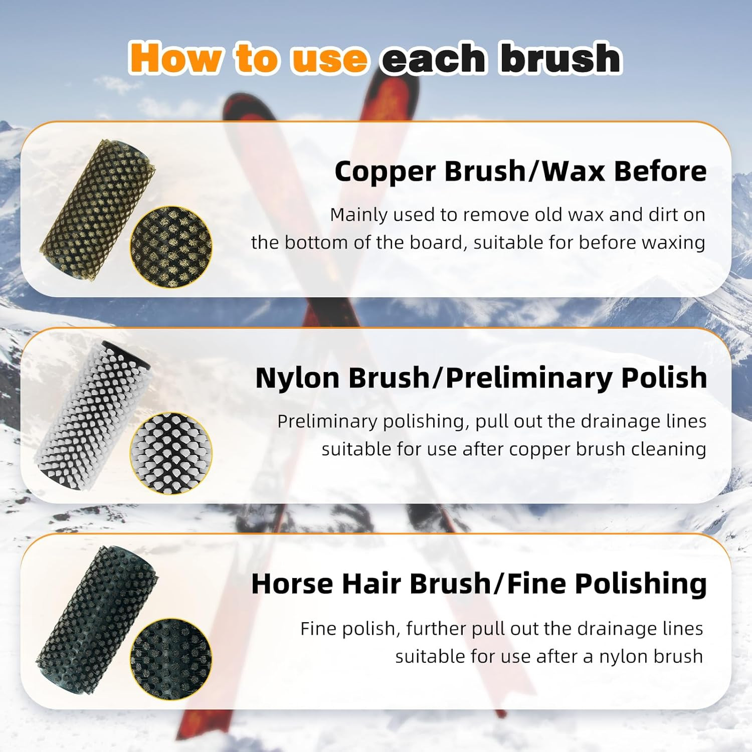 150Mm Ski Roto Brush Kit Roto Brush Handle Axle with All 3 Brushes (Brass, Horse