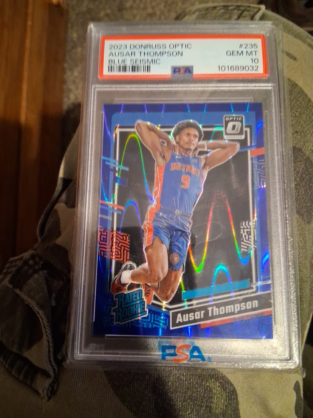 2023 PANINI DONRUSS OPTIC BLUE SEISMIC #235 AUSAR THOMPSON 190/249 PSA 10