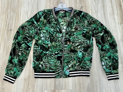 Juicy Couture Women's Green Tropical Floral Bomber Jacket Full Zip Striped Cuffs