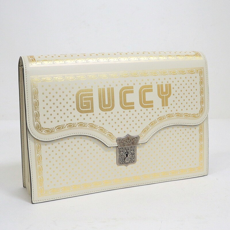 Gucci clutch bag logo star leather silver hardware white gold  