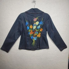 Roja Women’s Embroidered Denim Blazer Floral Back Button-Front Jacket Size M