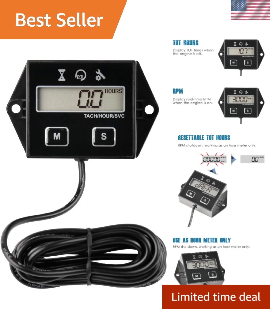 Versatile Digital Hour Meter Tachometer for Gas-Powered Equipment -  Rated