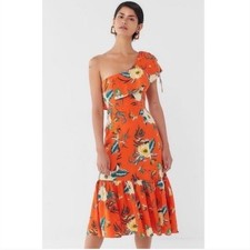 Urban Outfitters Carmen Tropical Floral Linen One Shoulder Ruffle Midi Dress S