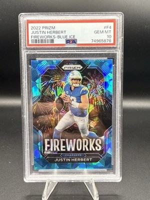 2022 Panini Prizm - Fireworks Justin Herbert #F-4 Blue Ice Prizm /99 PSA GEM 10 