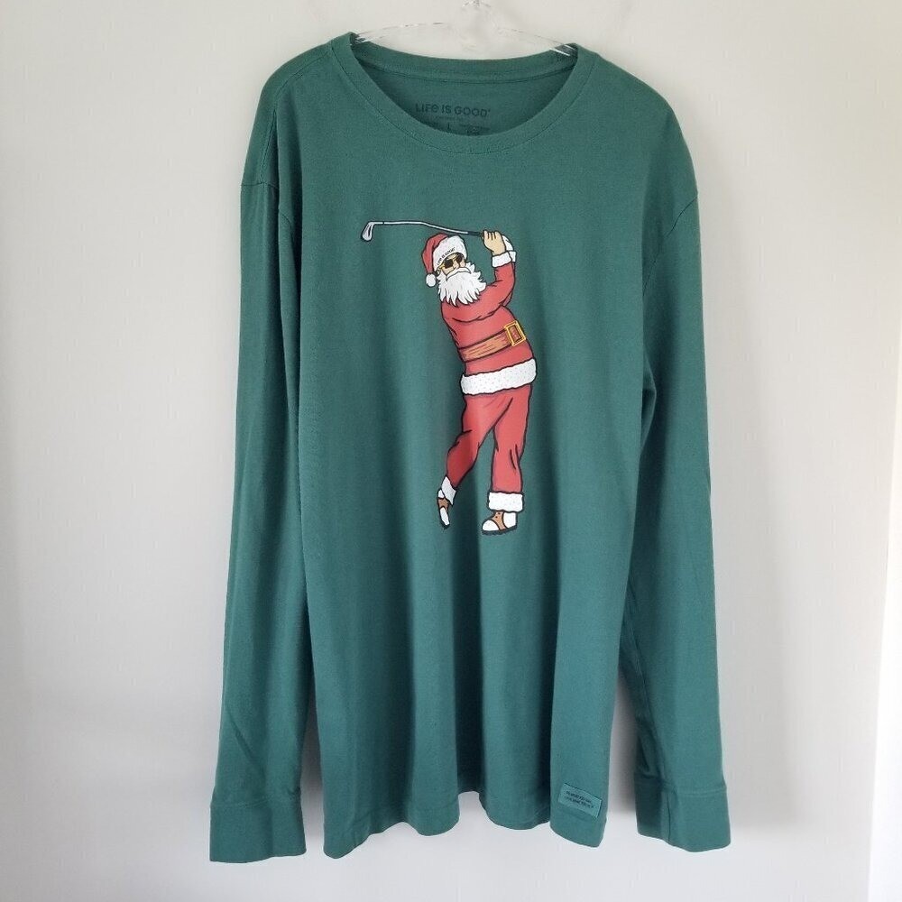 Life Is Good Crusher T Shirt Casual Golfing Santa Christmas Holiday Festive Sz L