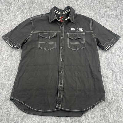 Affliction Fast & Furious Shirt Mens Large Black Embroidered Short Sleeve
