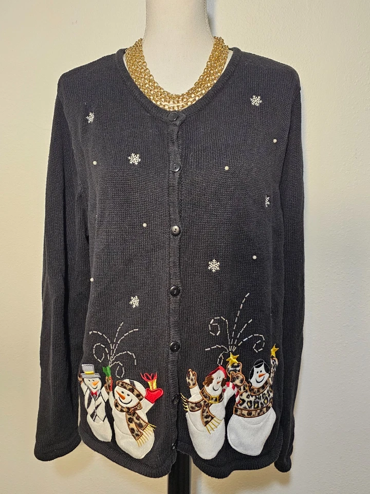 Cárdigan negro con botones Classic Elements para mujer muñeco de nieve de vacaciones talla XL 18 Foto 2 de 4