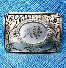 Western Bison Belt Buckle Floral Scroll Etched Metal Mount Vtg 80s USA  .DBD343