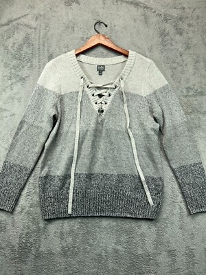 SOHO NYC Sweater Top Womens Medium Gray Stripe Lace Up V Neck Long Sleeve