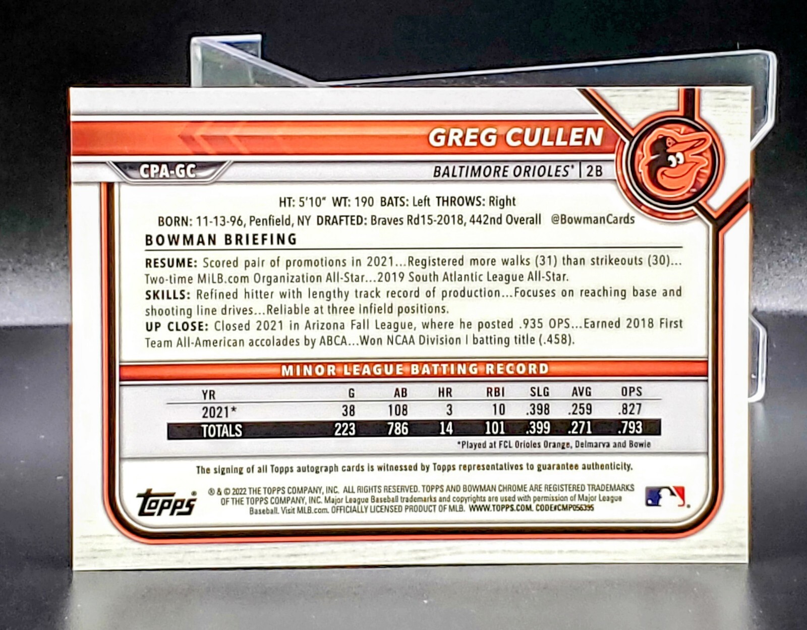 Greg Cullen (2022) Bowman Chrome RC AUTO Autograph  view 6