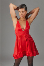 UO Naomi Strappy Back Mini Dress Star Embroidered Ruffle Criss Cross Red New S