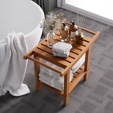 2 Tier Pine Wood Shower Bench Bath Stool Seat Storage Shelf SPA for Bathroom