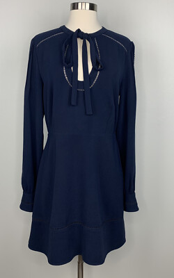 Adelyn Rae Tie Neck Dress Long Sleeve Navy Women's Sz M UK