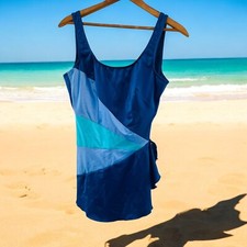 Vtg JC Penney 80  s Blue Teal One Pc Side Stripe Skirted Swimsuit USA Size 14