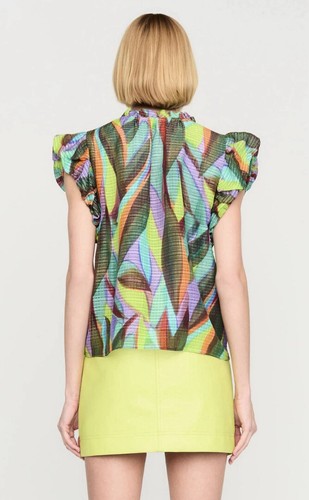 MARIE OLIVIER NWT Maison Top Tropadelic Multicolor Flutter Sleeve Top Size L - Picture 6 of 10