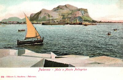 Palermo Molo E Monte Pellegrino Pier Harbor Ship Sicily Italy Antique Postcard