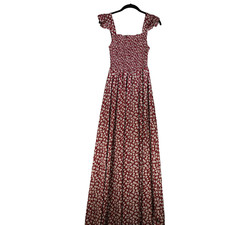 Shein Maxi Dress Womens Size 6 Red Floral Smocked Slinky Boho Peasant