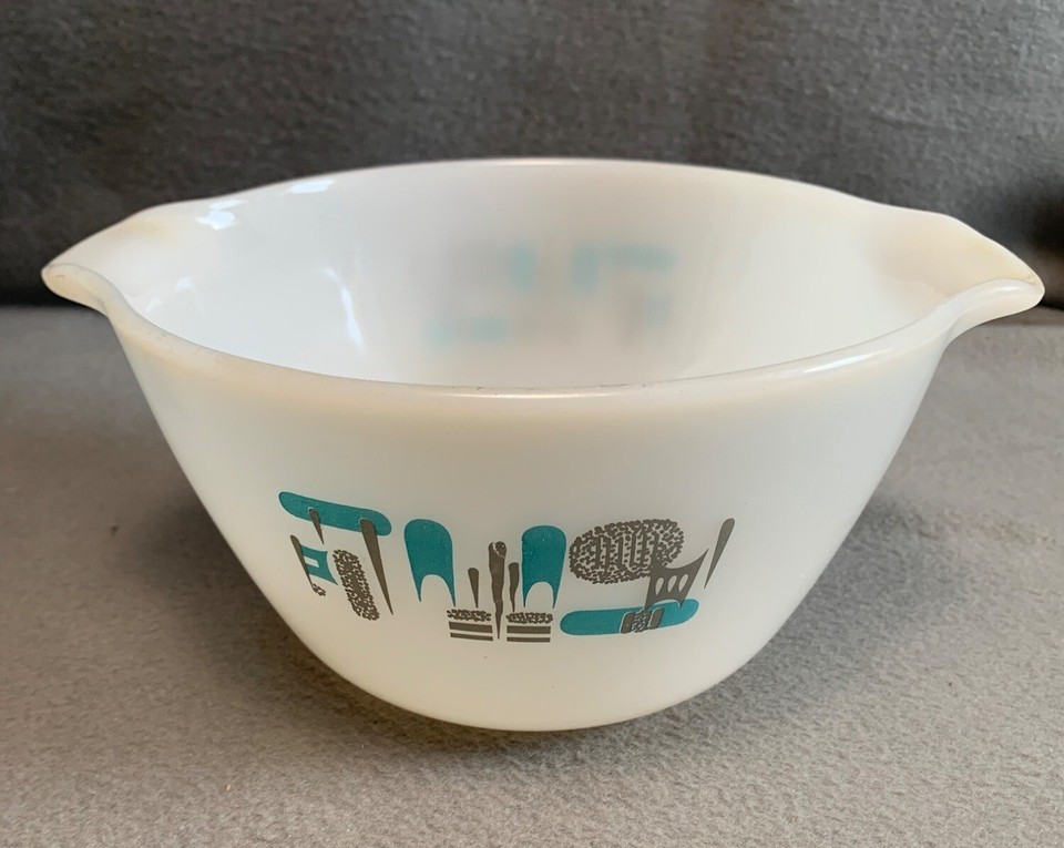 Fire King Atomic Blue Heaven Milk Glass Mixing Bowl 1.5 Qt 8" x 4