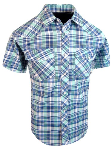 Western Plaid Shirt Short Sleeve Mens Pearl Snap Up Flap Pockets Casual Colors - Picture 36 of 152