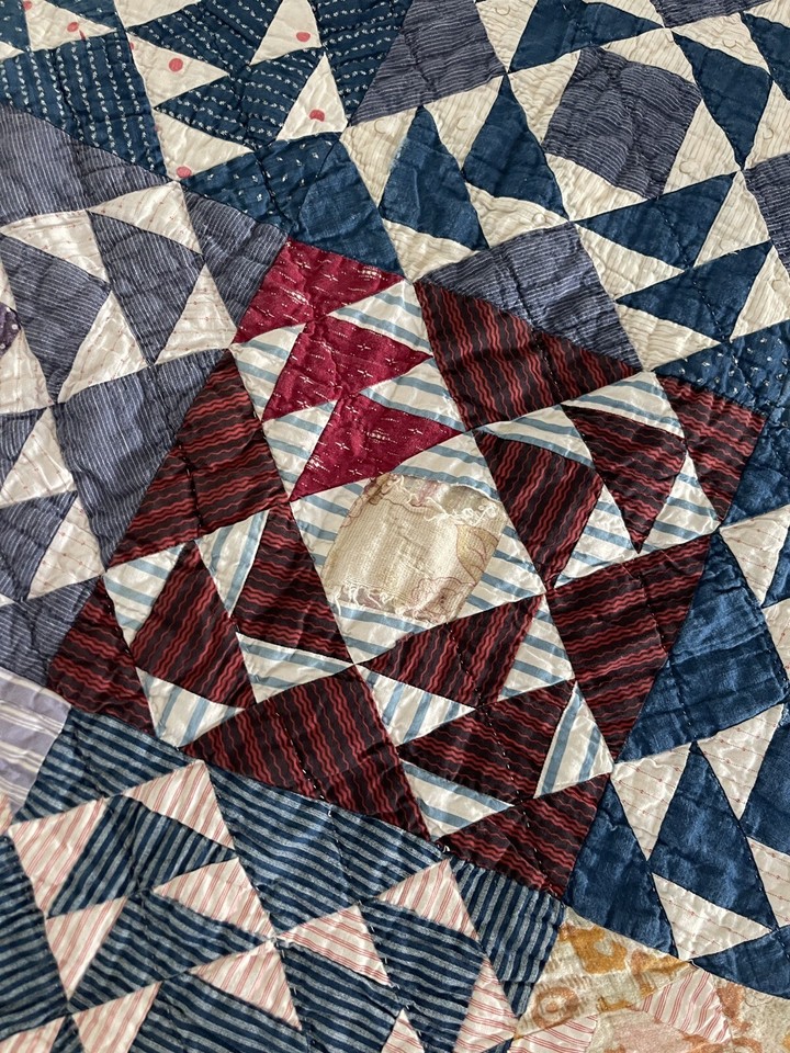 Vintage Patchwork Quilt Blanket Calico Antique Indigo 1900s Hand Sewn