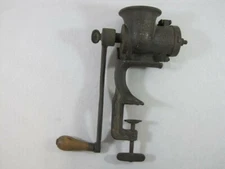 Hand Crank Russwin No 3 Metal Meat Grinder, Clamps to Countertop wood handle