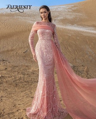 long sleeve formal evening dresses Red Sequined V-neck Long Sleeve Crafted Satin Slit Prom Dress