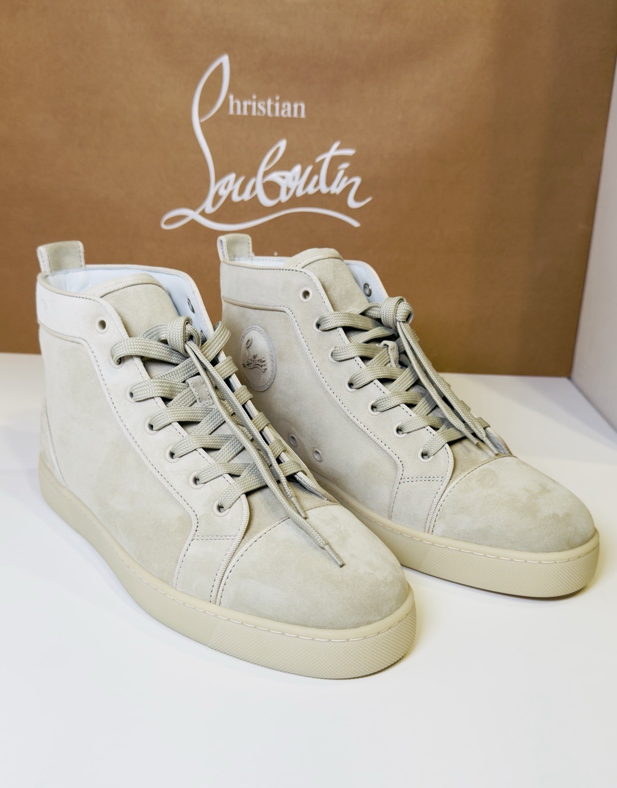 Christian Louboutin Louis Orlato Flat High-Top Sneakers Goose Grey Suede Size 44 image 7