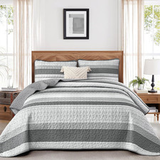King Size Quilt Set Grey 3 Piece Summer Striped Patchwork Bedding Set Soft Light