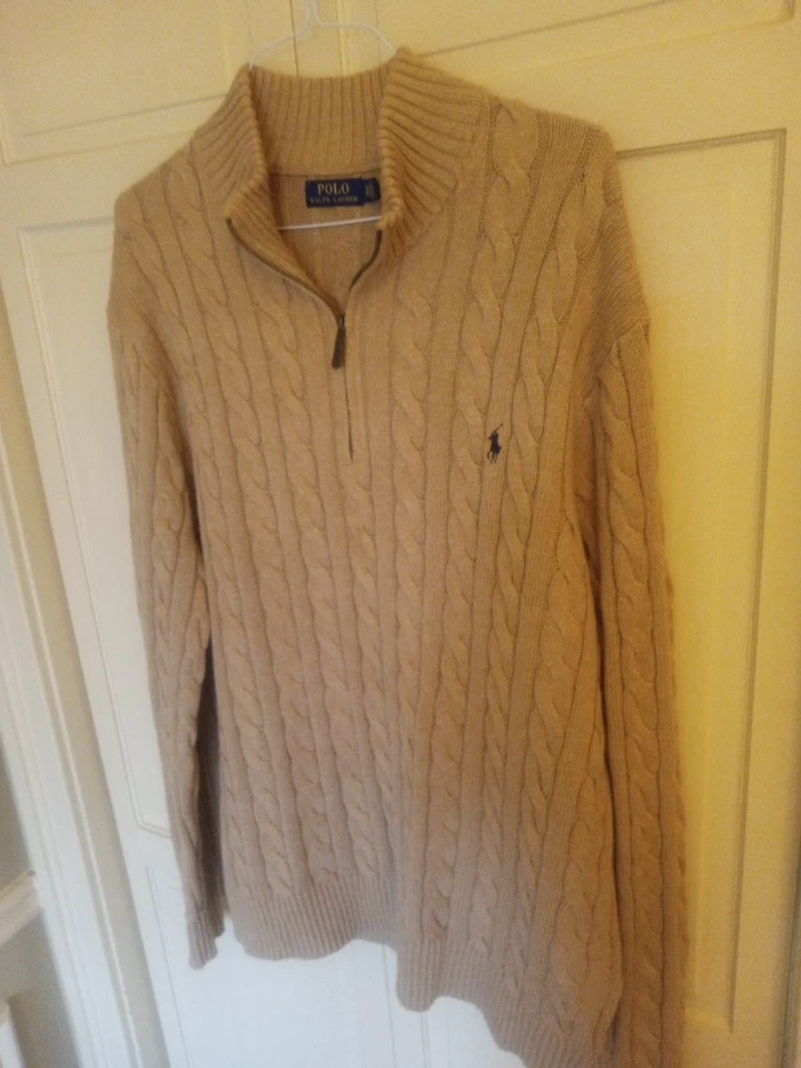  Suéter de algodón tejido con cable con cremallera 1/4 Polo Ralph Lauren para hombre: CAMEL - XLT Foto 3 de 4