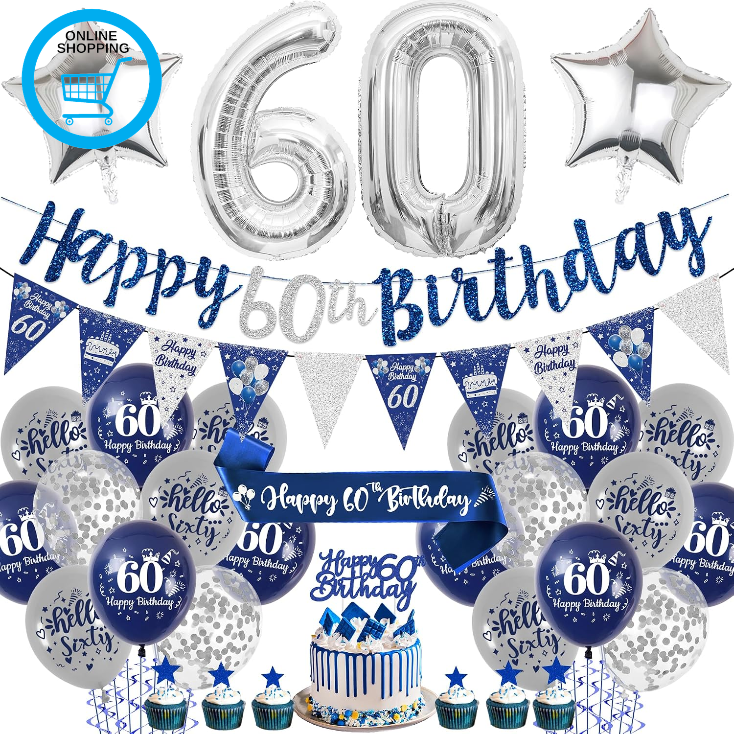 60Th Birthday Decorations Men - Blue and Silver Happy Birthday Banner Balloons C