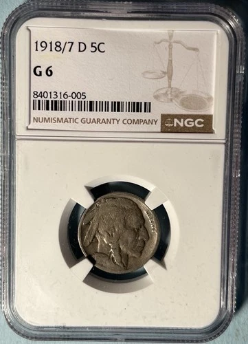 1918/7-D Buffalo Nickel Overdate NGC G6 Good 6 — Rare Series Key Date!