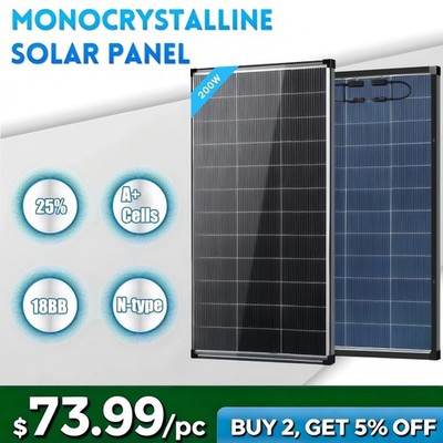 Bifacial 200W Watt Solar Panel N-Type Mono 18V 18BB Home RV Camping PV Off Grid