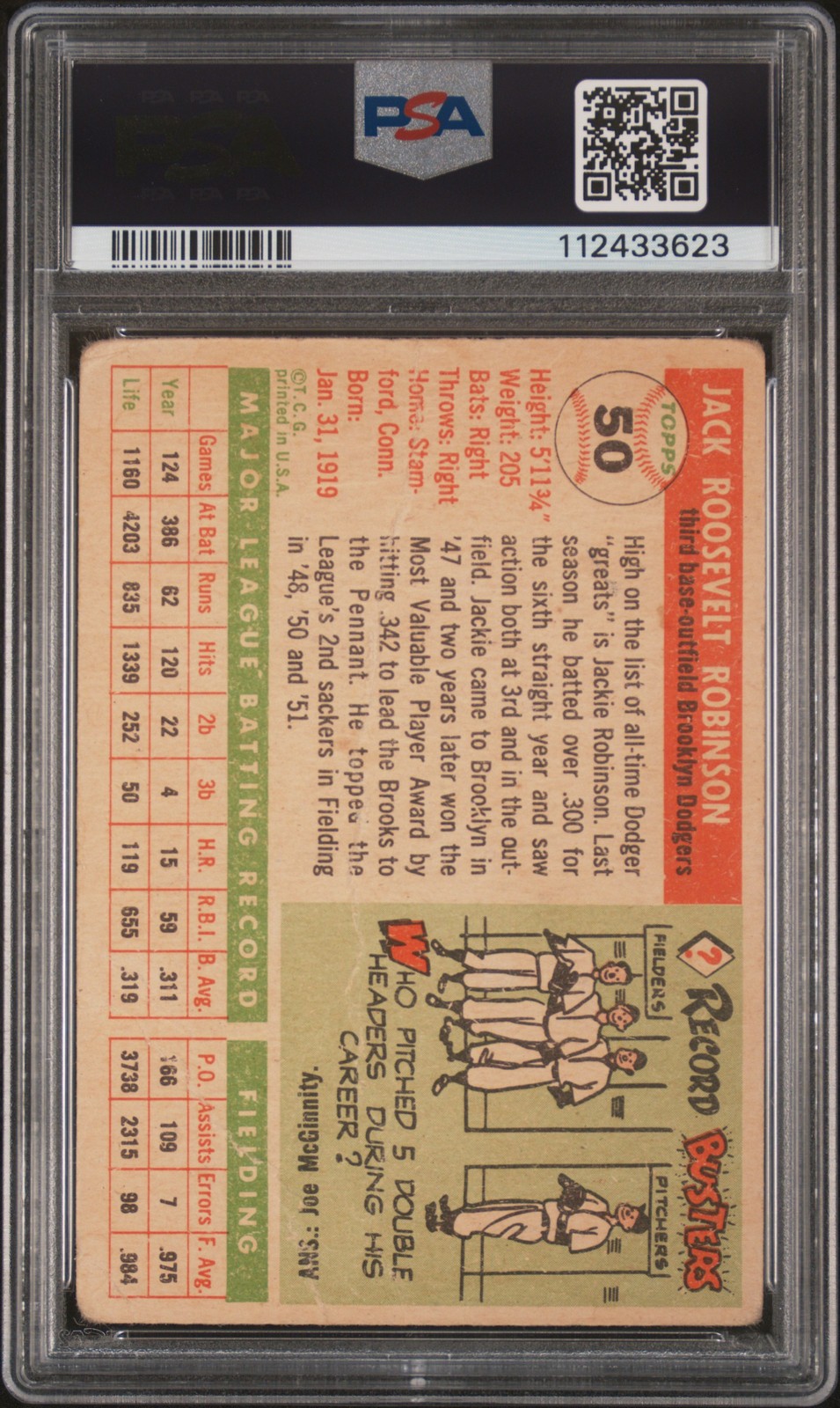 1955 TOPPS #50 JACKIE ROBINSON PSA 1 view 2