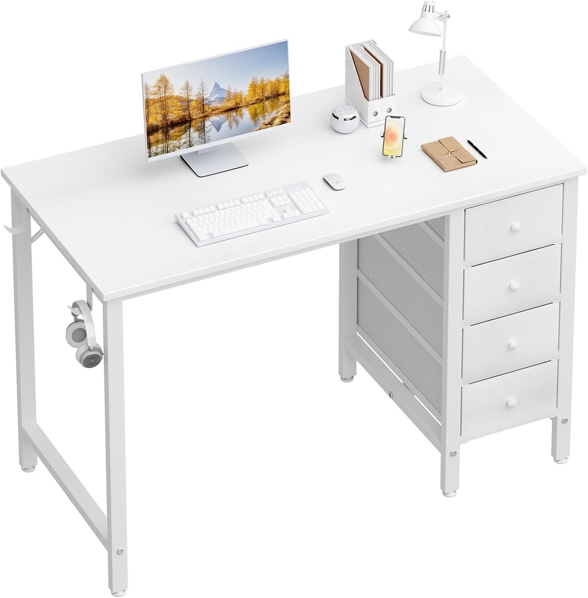 LOWYA DESK ホワイト Lufeiya Small White Desk with Fabric Drawers, 40 Inch 39.4