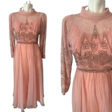 Vtg 70s Jack Bryan Pink Chiffon Beaded Long Sleeve Gown Dress Party Size XS/S