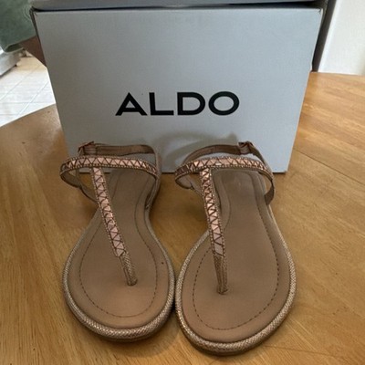 ALDO Women's Beige Thong Flat Sandals US 6.5 Leather Ankle Strap Buckle