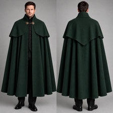 Men's Dark Green Wool Western Long Cape, Vintage Style Handmade Victorian Cape