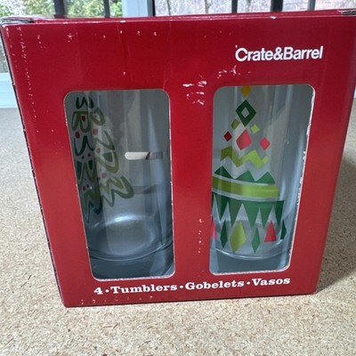 CRATE & BARREL JOLLY TREES GLASS TUMBLERS (4) -NIB- LET S DRINK TO HOLIDAY FUN!