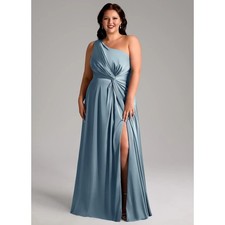 Azazie Brooke Stretch Dusty Blue A-Line One Shoulder Stretch Satin Dress 16 new