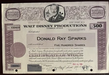 1986 WALT DISNEY PRODUCTIONS Stock Certificate - 500 Shares  Cancelled