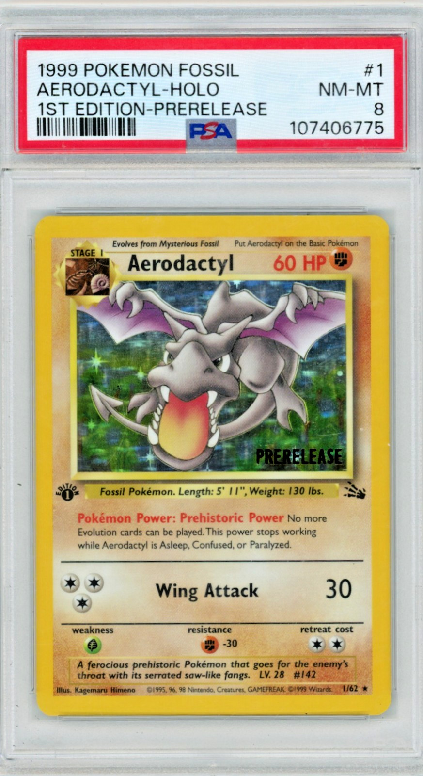 1999 Pokemon Fossil Aerodactyl 1/62 1st First Edition Prerelease Holo PSA 8