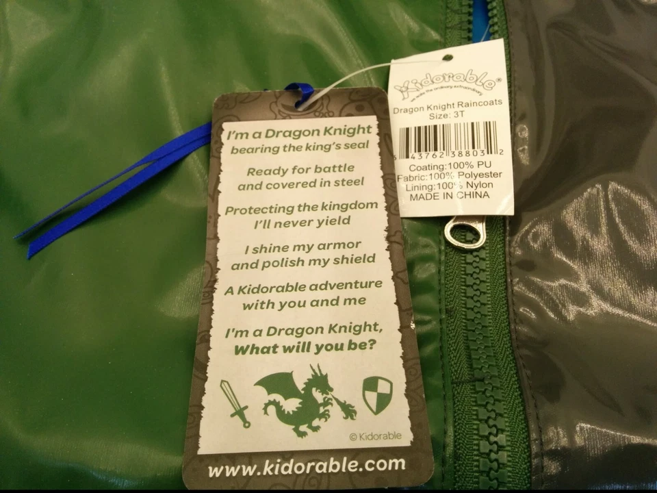 KIDORABLE DRAGON KNIGHT RAINCOAT, SIZE 3T, 100% POLYESTER, 100% NYLON LINING NNB - Image 4 of 4