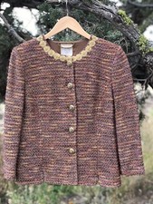 St John Couture Bronze Tweed Jacket Skirt suit Topaz Jeweled Buttons Size 10