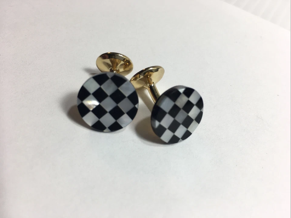 Black and White Checkerboard Mother of Pearl Mens Cufflinks Casino Racing - Image 3 of 4
