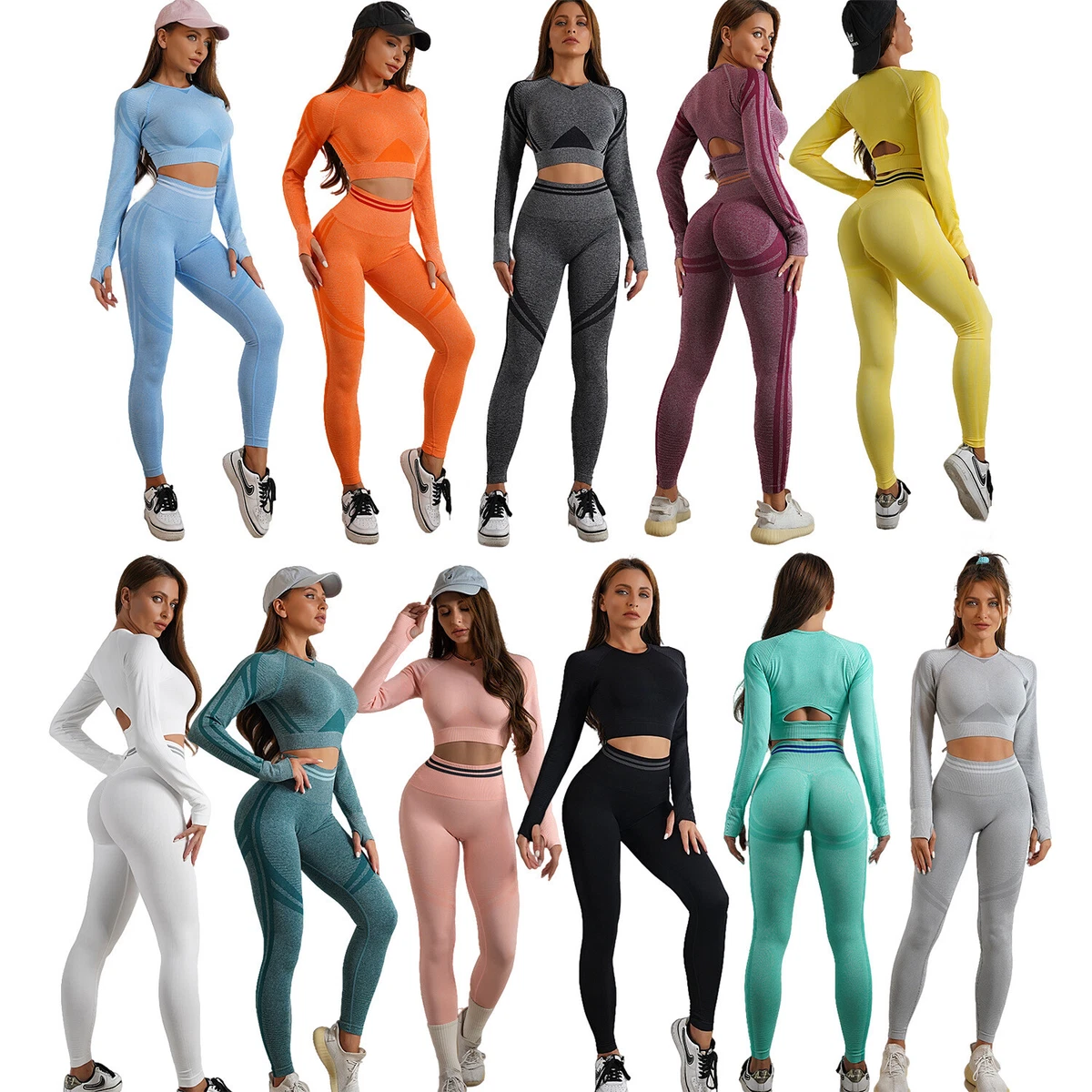 Women's Seamless Workout Sets 2 Pieces Long Sleeve Crop Top Leggings Gym  Clothes